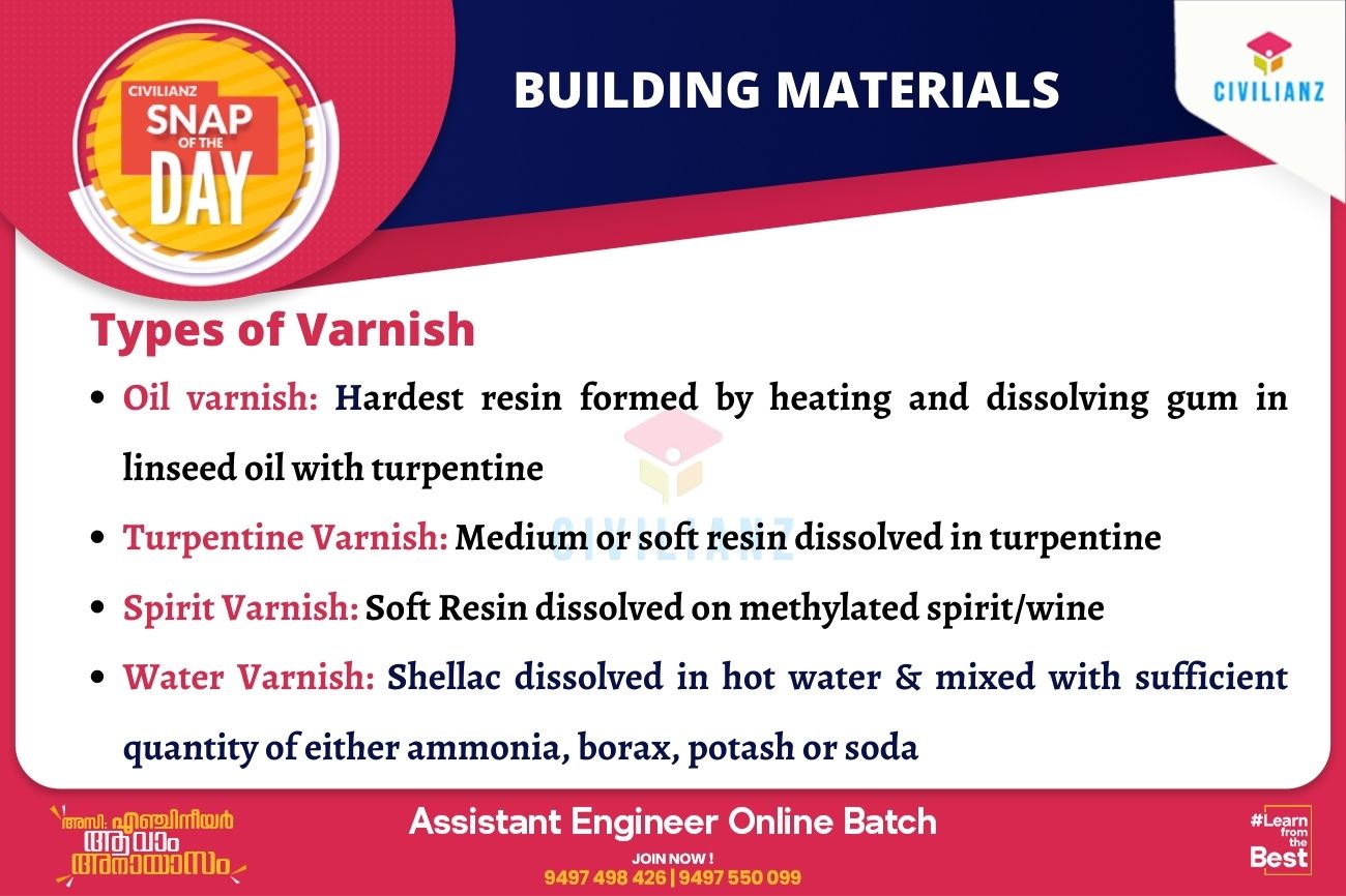 CIVIL SNAPS – BUILDING MATERIALS – TYPES OF VARNISH