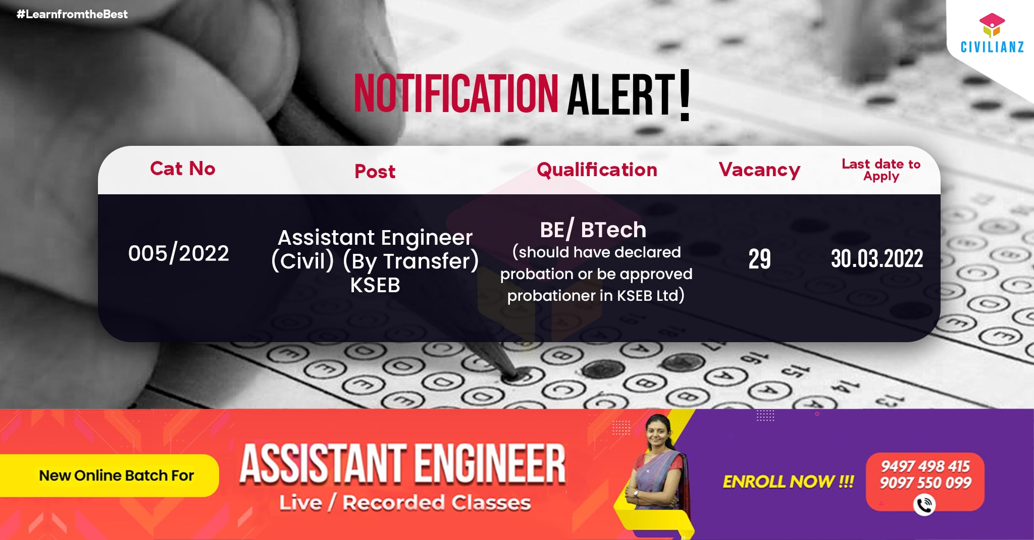 Kerala PSC Civil Engineering Notifications – Assistant Engineer (Civil) (By Transfer) KSEB