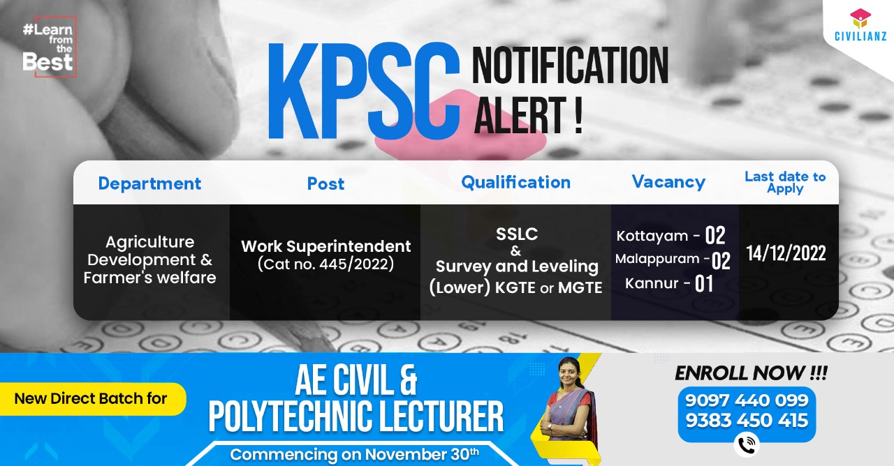 Kerala PSC Civil Engineering Notifications – Work Superintendent